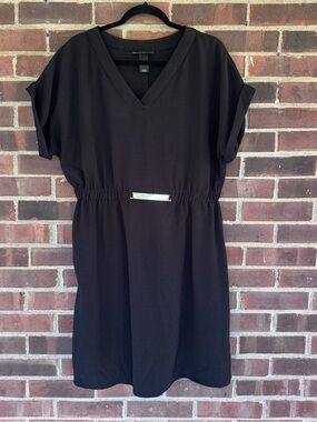 Lane Bryant Black Dress Womens 14 16 Elastic Waist V Neck Short Sleeve